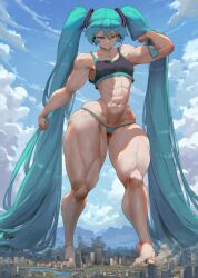 abs absurdly_long_hair ai_generated city cutesexyrobutts_(style) destruction flat_chest giantess hatsune_miku huge_ass huge_thighs implied_death micro_panties muscular_female muscular_thighs skindentation smug sports_bra teal_eyes teal_hair twintails vocaloid wide_hips