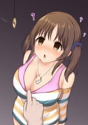 1boy 1girls :o ? blush breasts brown_eyes brown_hair cleavage clothed drooling empty_eyes haruduki hypnosis idolmaster idolmaster_cinderella_girls large_breasts mind_control necklace open_mouth pendulum pendulum_swinging shirt_pull simple_background totoki_airi twintails