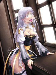 alternate_color archbishop breasts cleavage crotch_rub female female_only fucked_silly long_hair masturbation mr._romance open_mouth purple_eyes purple_hair pussy_juice ragnarok_online saliva silver_hair solo stockings sweat table_humping tears thighhighs tongue