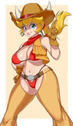 1girls 2024 2d 2d_(artwork) belt big_breasts big_thighs bikini blue_eyes bra breasts busty color cowgirl cowgirl_(western) cowgirl_hat cowgirl_outfit cowgirl_peach ear_piercing earrings female gloves hand_on_hip horns huge_thighs impossible_clothes large_breasts long_hair mario_(series) mossy_(artist) navel nintendo panties pony_tail ponytail pose posing princess_peach princess_peach:_showtime! red_bikini red_bra red_panties scarf sensual shiny_ass shiny_breasts shiny_butt shiny_hair shiny_skin skimpy skimpy_bra skimpy_clothes skimpy_outfit skimpy_panties smile solo solo_female thighs wardrobe_malfunction winking_at_viewer