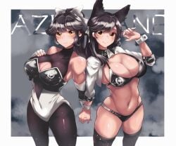 2girls absurdres animal_ear animal_ears animal_tail atago_(azur_lane) atago_(stunning_speedster)_(azur_lane) azur_lane bare_belly bare_shoulder bare_shoulders bare_stomach big_breasts bikini black_bikini black_bodysuit black_hair black_hair_female black_legwear black_leotard black_pupils blush bodysuit bodysuit_under_clothes boob_window bow breast_suppress breasts cleavage cleavage_cutout closed_mouth clothing_cutout commentary copyright_name covered_navel cowboy_shot dog dog_ear dog_ears dog_girl ears eipelppa female female_humanoid female_only fingerless_armwear fingerless_elbow_gloves fingerless_gloves furrowed_brow gloves hair_bow hair_flaps highres holding_hands hourglass_figure huge_breast humanoid humanoid_hands iepelppa iparuputsua ipelppa jacket large_breasts legwear leotard light-skinned_female light_skin logo long_hair long_sleeves looking_at_viewer massive_breasts mole mole_under_eye multiple_females multiple_girls navel nervous_smile official_alternate_costume pantyhose pointy_chin ponytail race_queen sakura_empire_(azur_lane) shrug_(clothing) side-by-side sleeveless smile standing stomach swept_bangs swimsuit tail takao_(azur_lane) takao_(full_throttle_charmer)_(azur_lane) thick_thighs thighhighs thighs toned two-tone_leotard white_bow white_gloves white_jacket white_leotard woman wrist_cuffs yellow_eye yellow_eyes yellow_eyes_female