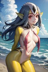 1girls ai_generated beach blue_submarine_no._6 breasts female grey_hair humanoid long_hair looking_at_viewer marine monster_girl mutio navel ocean pointy_ears red_eyes smiling tagme thick_thighs wide_hips yellow_skin