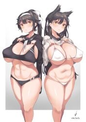 2girls animal_ears atago_(azur_lane) azur_lane bare_belly bare_stomach bare_thighs big_breasts bikini black_eyebrows black_hair black_hair_female black_panties black_pupils breasts eyebrows_visible_through_hair female female_only hair_between_eyes hourglass_figure huge_breast iparuputsua large_breasts light-skinned_female light_skin long_hair long_hair_female massive_breasts multiple_girls navel only_female panties pony_tail ponytail ponytail_female ponytails sakura_empire_(azur_lane) string_bikini string_panties takao_(azur_lane) thick_thighs thighs white_bikini white_panties woman yellow_eye yellow_eyes yellow_eyes_female