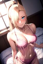 1girls ai_generated aqua_eyes arm_support babydoll bangs bed bedroom blonde_hair blue_eyes blush boobeetan boruto:_naruto_next_generations bra breasts clavicle cleavage collarbone covered_navel curves eyebrows eyelashes female female_only hair_over_one_eye happy happy_female hips indoors ino_yamanaka lace-trimmed_bra lace_trim light-skinned_female light_blue_eyes light_skin long_hair looking_at_viewer medium_breasts milf nai_diffusion naruto naruto:_the_last naruto_(series) naruto_shippuden pale-skinned_female pale_skin panties parted_lips pink_bra pink_clothing pink_lips pink_panties pinup ponytail revealing_clothes see-through see-through_clothing sheer_clothes side-tie_panties skimpy_clothes sleepwear slender_body small_breasts smile smiling_at_viewer solo stable_diffusion standing sunlight teeth teeth_showing teeth_visible transparent_clothing underwear underwear_only window