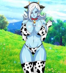 1girls bikini blue_skin cow_bikini cow_girl dragon_ball dragon_ball_xenoverse dragon_ball_z lord_jackson_art towa voluptuous voluptuous_female wide_hips