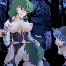 2d 4girls 5_fingers antenna blue_eyes blue_hair breasts breasts_apart corset cunnilingus female femdom femsub fujiwara_no_mokou garter_belt green_hair hand_on_head hat honey large_breasts lingerie long_hair multiple_girls multiple_subs naked_suspenders nipples no_panties oral overalls pinky_out puffy_nipples red_eyes short_hair silver_hair suspenders team_shanghai_alice tenshi_hinanawi thighhighs topless touhou translated uncensored underwear wancozow wriggle_nightbug youkai yuka_kazami yuri yuuka_kazami