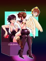 1boy 1girls bayonetta bayonetta_(character) bayonetta_2 blushing crossover embarrassed femboy femboy_on_female femdom kid_icarus larger_female malesub pit_(kid_icarus) sitting sitting_on_lap smaller_male soft_sizzle straight