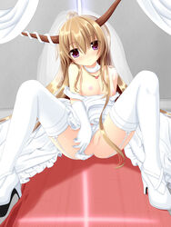 breasts bridal_veil bride brown_hair dress female garter_straps gloves high_heels high_resolution horns long_hair nipples pink_eyes pussy shoes skirt solo suika_ibuki thighhighs touhou uncensored veil wedding_dress white_gloves white_legwear white_thighhighs yoye_(pastel_white)