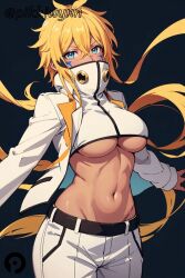 ai_generated bangs belt bleach blonde_hair blue_eyes breasts cowboy_shot cropped_jacket crossed_bangs dark-skinned_female dark_skin facial_mark female hair_between_eyes high_collar jacket large_breasts long_hair long_sleeves looking_at_viewer midriff navel open_clothes open_jacket pants pikkiwynn simple_background solo stomach tia_harribel underboob very_long_hair white_jacket white_pants