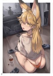 1girls absurdres alternate_costume animal_ear animal_ear_fluff animal_ears ass bare_shoulder bare_shoulders big_ass big_butt bikini bikini_bottom_only blonde blonde_eyebrows blonde_female blonde_hair blonde_hair_female border bottle butt controller dust ears extra_ears eyebrows_visible_through_hair ezo_red_fox_(kemono_friends) female female_humanoid female_only floor fox_ears from_behind game_boy game_boy_advance game_console game_controller gameboy gameboy_advance hair_between_eyes handheld_game_console highres holding holding_controller holding_game_controller huge_ass huge_butt humanoid humanoid_hands indoors iparuputsua kemono_friends large_ass large_butt long_hair long_hair_female long_sleeves looking_at_viewer looking_back massive_ass massive_butt no_pants no_tail off-shoulder_sweater off_shoulder on_floor only_female open_mouth panties parted_bangs playing_games playing_videogame red_panties shoulder_blades side-tie_bikini_bottom sitting sitting_on_floor solo string_panties sweater swimsuit television thick_ass thick_butt thick_thighs thighs video_game video_games water_bottle white_border woman wooden_floor yellow_eye yellow_eyes yellow_eyes_female