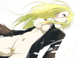 blonde_hair blue_eyes breasts coat cum cum_drip female fullmetal_alchemist hair_over_one_eye large_breasts lips long_hair navel nipples olivier_mira_armstrong pubic_hair pussy s580 solo straight_hair uncensored