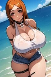 ai_generated beach bleach bleach:_the_thousand-year_blood_war curvaceous curvy_female ghost141000 gigantic_breasts inoue_orihime jean_shorts large_breasts long_hair mommy orange_eyes orange_hair short_shorts shounen_jump thick_thighs