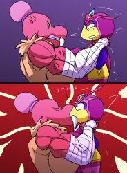 angry anthro arthropod asphyxiation big_breasts big_butt bodily_fluids breasts choking clothed clothing cross-popping_vein duo female female/female fight hi_res hymenopteran insects kinnikuman kirby_(series) kirby_triple_deluxe kissing mammal marine muscular muscular_anthro muscular_female nintendo pain pinniped queen_sectonia saesar squish strangling surprised_expression suzie_(kinnikuman) suzie_tusket sweat tagme tusks walrus wasp wet wet_clothing wrestling