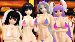 2025 3d big_breasts bikini black_hair blue-eyed_female blue_bikini breasts brown-eyed_female clavicle cleavage eirin_yagokoro female hand_on_arm hand_on_back hand_on_shoulder hand_on_waist hat hati_yukkuri_mmd headwear hips holding_each_other human indoors kaguya_houraisan light-skinned_female long_hair looking_at_viewer midriff mmd moon_rabbit multiple_girls navel nurse_cap open_mouth pink-haired_female pink_bikini rabbit rabbit_ears rabbit_humanoid red_eyes reisen_udongein_inaba short-haired_female short_female smiling_at_viewer swimsuit tewi_inaba touhou uncanny_valley waist white-haired_female white_bikini