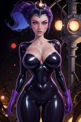 ai_generated big_breasts boob_window curvy latex league69 long_hair looking_at_viewer purple_eyes purple_hair purple_skin rick_and_morty supernova_(rick_and_morty) thick_thighs