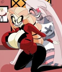 2girls big_breasts breasts charlie_morningstar_(hazbin_hotel) hazbin_hotel holding_arms large_breasts vaggie_(hazbin_hotel) valerya5 yuri