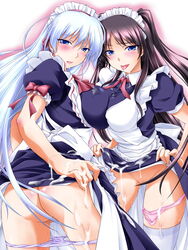 aquamu ass black_hair blue_eyes blush cum cum_on_body cum_on_clothes cum_on_lower_body cum_on_upper_body female female_only game_cg gohoushi_sister!_sofie_&_patty highres long_hair looking_at_viewer maid maid_headdress multiple_girls no_visible_genitalia open_mouth panties panties_around_one_leg panty_pull pink_panties pussy_juice skirt skirt_lift thighhighs tongue underwear white_hair white_legwear white_thighhighs