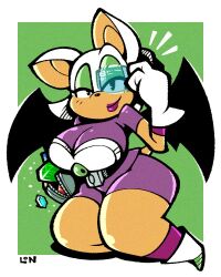 1girls adjusting_eyewear anthro bat bat_ears bat_wings blue-tinted_eyewear cheelai chiropteran cosplay dragon_ball_(series) female legendofnerd mobian_(species) pac-man_eyes rouge_the_bat scouter smile solo sonic_(series) sonic_the_hedgehog_(series) tinted_eyewear white_hair