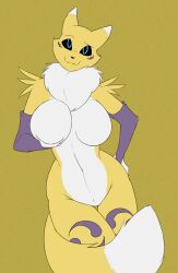 2018 anthro bandai_namco big_breasts blue_eyes breasts canid canine chest_tuft clothing digimon digimon_(species) dipstick_ears dipstick_tail featureless_breasts featureless_crotch female fondling fur gloves hand_on_breast handwear hexteknik hi_res holding_breast looking_at_viewer mammal markings mostly_nude multicolored_ears multicolored_tail neck_tuft renamon self_fondle simple_background smile solo tail tail_markings tuft white_body white_fur yellow_body yellow_fur