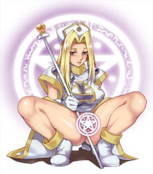 blonde_hair boots censored covered_breasts female female_only grey_eyes hat human legs light-skinned_female long_hair magic magic_circle mint_adenade mint_adnade naughty_face no_panties novelty_censor nurse nurse_cap nurse_clothing pussy sasagawa_satarou solo spread_legs squatting staff tales_of_(series) tales_of_phantasia teenager