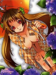 :p bent_over bottomless breasts brown_hair cleavage flower hanging_breasts highres jacket nipples no_bra no_panties open_clothes open_coat open_shirt pussy raincoat red_eyes sakuraniku_umatarou shirt snail thigh_gap thighs tied_hair tongue twintails umbrella