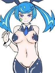 1girls blue_angel blue_hair blush bunny_ears bunnysuit closed_mouth covered_nipples earrings female heart looking_at_viewer pasties playboy_bunny purple_eyes smile tajima_hal twintails white_background yu-gi-oh! yu-gi-oh!_vrains zaizen_aoi