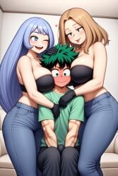 1boy 2girls ai_generated bare_shoulders big_breasts black_gloves boner bulge bulge_through_clothing camie_utsushimi flirting full_face_blush head_between_breasts headpat heavy_sweating izuku_midoriya midriff my_hero_academia nai_diffusion nejire_hado nervous nervous_smile sandwiched sitting stable_diffusion strapless sweat thick_thighs tongue_out trembling