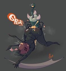 1boy 1girls 2025 absurd_res ambiguous_penetration antennae anthro anthropod armor bayonet_(artist) corruption cum cum_inside doggy_style female from_behind front_view god_tamer grey_background grub_mimic helmet holding_object holding_weapon hollow_knight insects interspecies male male/female melee_weapon mimic multi_limb sharp_teeth sweat sweatdrop sweating the_infection_(hollow_knight) weapon