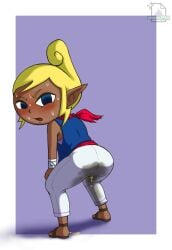 ass ass_focus blonde_hair blue_eyes butt_focus dark_skin fully_clothed nintendo sweat tetra the_legend_of_zelda twerking urine white_pants