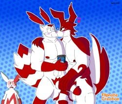 anthro blue_background blush bystander can container digital_media_(artwork) duo flipnote_studio_(artwork) flipnotecreation french_kissing fur generation_2_pokemon generation_3_pokemon genitals heart_symbol hi_res holding_can holding_container holding_object holding_penis hybrid kissing looking_at_another looking_confused looking_pleasured male male/male nintendo nipples one_eye_closed penis pokemon pokemon_(species) red_body red_fur simple_background star stroking_penis typhlosion white_body white_fur wink zangoose