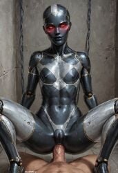 1boy1girl ai_generated android android_girl breasts darkeffect glowing_eyes interspecies living_machine looking_at_viewer machine mechanical_arm mechanical_arms metalic_skin penetration petite robot robot_girl robot_humanoid sex_bot small_breasts