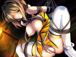 blue_eyes blush bondage boots breasts brown_hair choukou_(alicesoft) choukou_sennin_haruka clothing crotch_rope erect_nipples fat_mons frogtie game_cg hanging_breasts large_breasts nipples no_panties onigirikun puffy_nipples pussy pussy_juice rope sagging_breasts stockings suspension takamori_haruka thigh_boots thighhighs uncensored