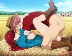 1boy 1girls cowgirl_(western) cowgirl_outfit erza_scarlet fairy_tail farm farm_girl farmgirl hay natsu_dragneel nyxworks outdoors red_hair sex straight