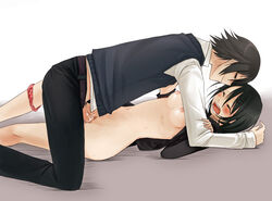 black_hair breasts censored grin kaida kaida_michi lying panties panties_around_leg panties_around_one_leg penis sex smile tears underwear vaginal_penetration