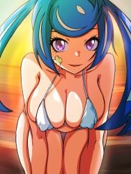 1girls beach_background blue_angel blue_hair blush earrings erect_nipples female focus heart looking_at_viewer open_mouth pose purple_eyes smile summer tajima_hal twilight twintails yu-gi-oh! yu-gi-oh!_vrains zaizen_aoi