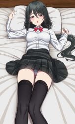 1girl bed black_skirt collared_shirt female highres long_hair long_sleeves lying lying_on_bed original panties red_eyes sayano_(yakob_labo) school_uniform shirt simple_background small_breasts smile solo thighhighs underwear white_shirt yakob_labo