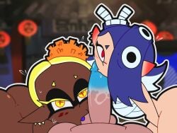 1boy 2girls ball_sucking blonde_hair blue_hair collaborative_fellatio dark-skinned_female dark_skin fatduud fellatio frye_(splatoon) hair_over_one_eye looking_at_viewer male_pov nintendo oral pointy_ears pov shiver_(splatoon) splatoon splatoon_(series) splatoon_3