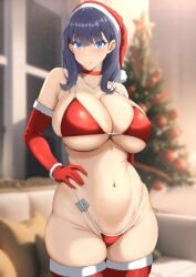 absurdres alternate_breast_size bikini black_hair blue_eyes blush breasts choker christmas christmas_tree cleavage closed_mouth commentary_request condom condom_wrapper couch covered_erect_nipples curvy elbow_gloves female female_focus fur-trimmed_gloves fur-trimmed_thighhighs fur_trim gloves gridman_universe hand_on_own_hip hat highleg highleg_bikini highres indoors large_breasts looking_at_viewer navel ranhatu red_bikini red_choker red_gloves red_thighhighs santa_bikini santa_costume santa_hat sidelocks skindentation smile solo ssss.gridman swimsuit takarada_rikka thick_thighs thighhighs thighs underboob wide_hips window