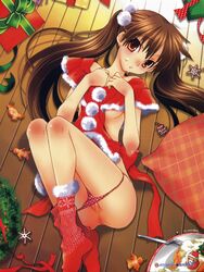 brown_eyes brown_hair cake capelet christmas flat_chest food footwear highres lying nipple_slip nipples ornaments panties pussy sakuraniku_umatarou santa_costume socks tied_hair twintails uncensored underwear