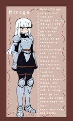 1girls armor armored_female black_eyes female_only information_sheet mirage_(monam) monmaamn original original_character tagme white_hair