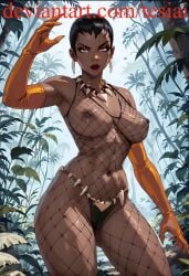 1girls ai_generated big_breasts black_hair breasts collar dark-skinned_female dc dc_comics earrings female fishnets gloves human red_eyes seductive seductive_look short_hair tesiai vixen_(dc)