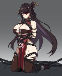 arms_tied_behind_back beidou_(genshin_impact) bondage captured captured_female captured_heroine chained_up eyepatch genshin_impact glaring glaring_at_viewer light-skinned_female no_panties no_underwear tied_up torn_clothes torn_clothing torn_legwear torn_thighhighs torn_topwear