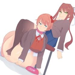 2girls bowl chubby chubby_female collar doki_doki_literature_club fat fat_girl femdom femsub monika_(doki_doki_literature_club) napolitane pink_hair resting sayori_(doki_doki_literature_club) yuri