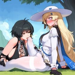 2girls bare_shoulders black_gloves black_hair blonde_hair blush breasts bulge_through_clothing embarrassed erection female_rover_(wuthering_waves) futa_on_female futa_with_female futanari gloves hair_ornament hairclip hat large_breasts licking_penis long_hair outdoors pantyhose penis phoebe_(wuthering_waves) purple_eyes racerai rover_(wuthering_waves) short_hair sitting tongue tongue_out tree wuthering_waves yellow_eyes yuri