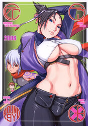 bakuretsu_tenshi black_hair blue_eyes blush breasts brown_hair cleavage cover cover_page doujin doujinshi gloves highres jo_(bakuretsu_tenshi) midriff sei_(bakuretsu_tenshi) short_hair underboob