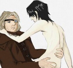 alastor_moody black_hair blond_hair gay harry_potter hogwarts_professor homosexual male male_only severus_snape slytherin sus tattoo yaoi