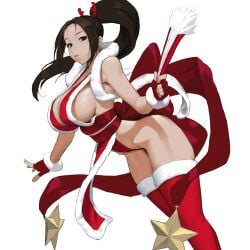 1:1 1girls big_breasts breasts brown_eyes brown_hair christmas fatal_fury female female_only fingerless_gloves folded_fan folding_fan fur-trimmed_gloves fur-trimmed_legwear fur_trim gloves hand_fan high_ponytail highres king_of_fighters korean_commentary kunoichi large_breasts long_hair looking_at_viewer loped mai_shiranui ninja parted_lips pelvic_curtain ponytail red_thighhighs revealing_clothes sash simple_background snk solo the_king_of_fighters thighhighs thighs white_background