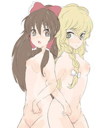 2girls back-to-back back_to_back braid breasts female hair_ribbon human marisa_kirisame multiple_girls nude pussy reimu_hakurei small_breasts touhou uncensored