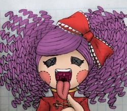 1female 1girls black_eyes blush bow button_eyes curly_hair doll doll_girl female female_only frizzy_hair hairbow k437 lalaloopsy light-skinned_female light_skin living_doll mawshot open_mouth puffy_hair purple_hair red_bow solo stitch_(sewing) tongue tongue_out white_background