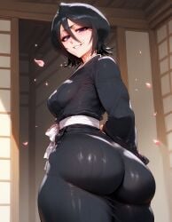 1girls ai_generated ass big_ass black_hair bleach bleach:_the_thousand-year_blood_war breasts curvy kuchiki_rukia large_ass lying_on_back nipples_visible_through_clothing pawg purple_eyes small small_breasts sogo wide_hips